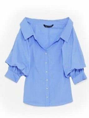 Zara Light Blue Puff-Sleeve Button Down Shirt